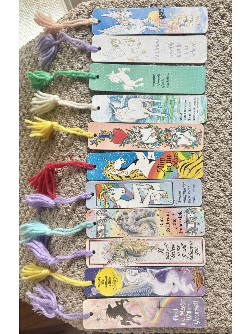 Vtg 1980s Antioch Unicorn Bookmark Lot of 11 Sunshine Thoughts Yarn Tassel